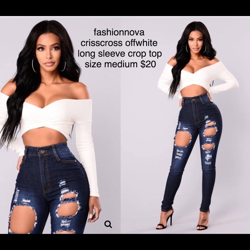 Fashionnova crisscross white long sleeve crop top